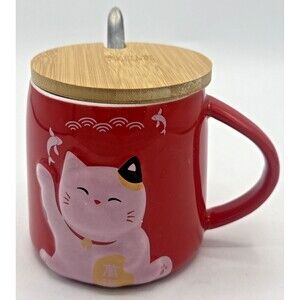 Maneki Neko Japanese Lucky Cat Mug/Cup 3D Red Mug Pink Cat & Fish W/Lid & Spoon